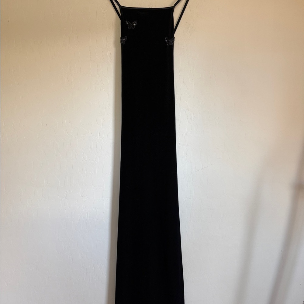 City Triangles Y2K 90s Black Velvet Maxi Dress Butterfly Beaded Side Slit - Picture 2 of 12